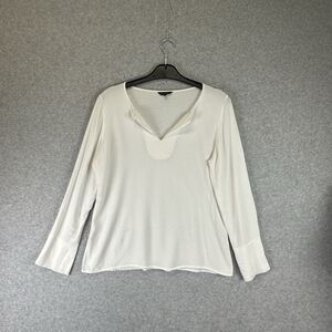 Massimo Dutti Top Medium White Womens Blend‎ Long Sleeve V-neck Casual Pintuck